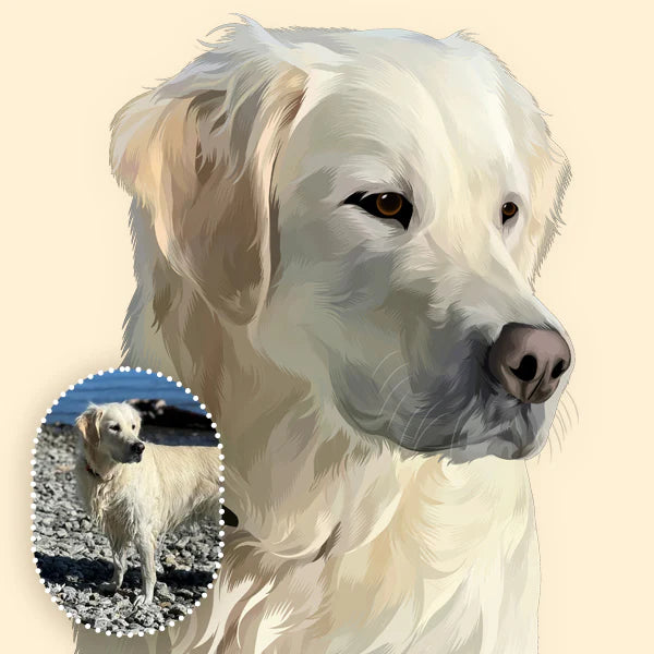 Hand-drawn pet portrait next to the original photo