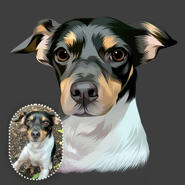 Hand-drawn pet portrait next to the original photo