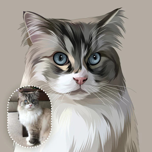 Hand-drawn pet portrait next to the original photo